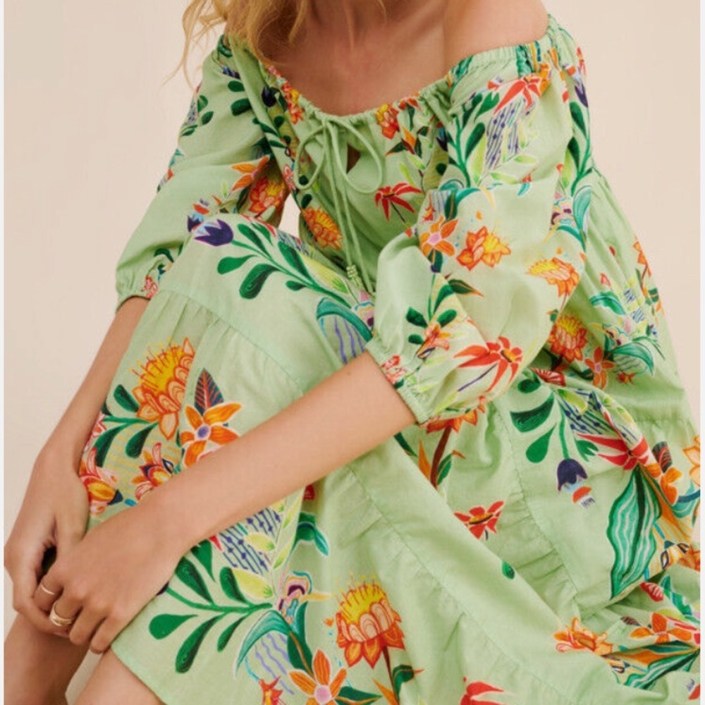 FARM RIO X ANTHROPOLOGIE  OFF THE SHOULDER TIERED FLORAL NWT DRESS SZ S - Picture 2 of 16